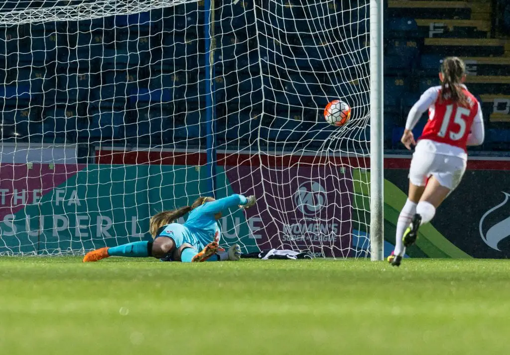 Grace Maloney is beaten in goal for Reading Women. Photo: Neil Graham.