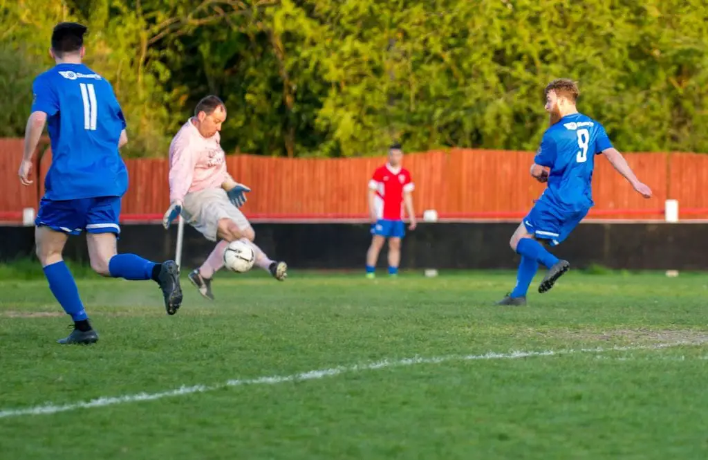 Ethan Jerome scores Binfields second against Chalvey Sports in Fielden Cup Final. Photo: Colin Byers.