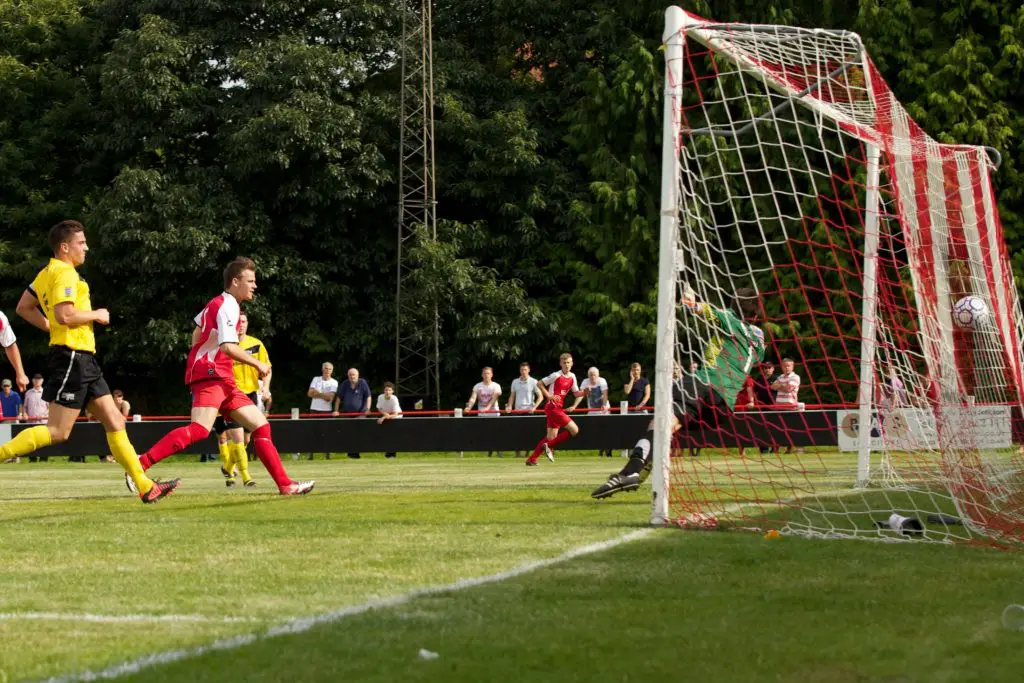 Tom Barratt scores for Bracknell Town in the FA Cup against Binfield.