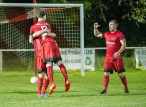 Binfield FC's Luke Hayden is congratulated. Photo: Neil Graham.