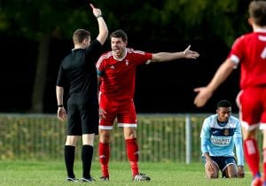 Carl Davies is sent off for Bracknell Town FC. Photo: Neil Graham.