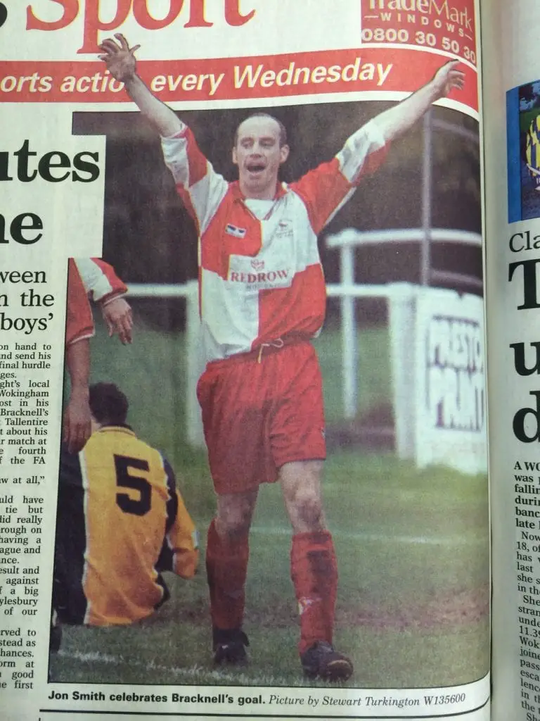 John Smith celebrates scoring for Bracknell Town FC in the 1999/00 FA Cup run. Photo: Wokingham Times.