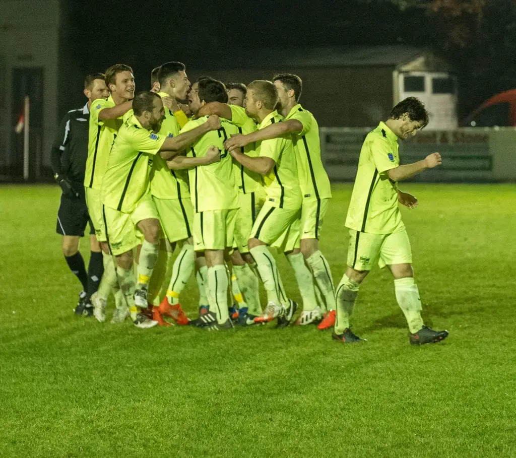 Binfield FC celebrate at Flackwell Heath. Photo: Colin Byers.