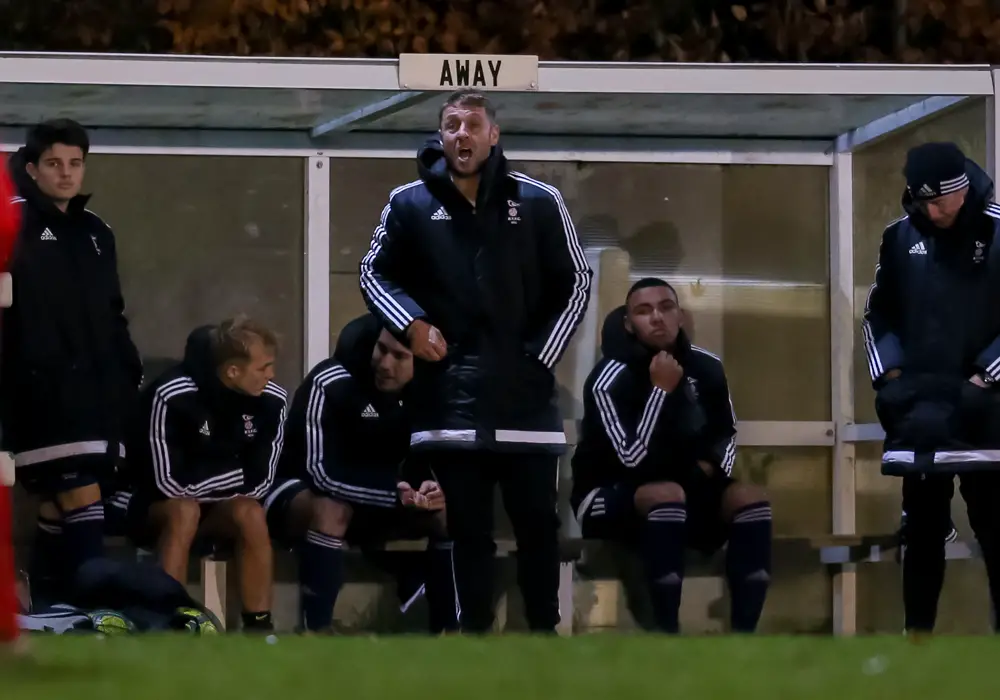 Steve Nebbett in the dugout for Bracknell Town FC. Photo: Neil Graham.