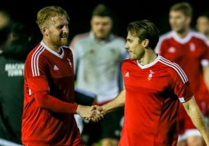 Bracknell Town's Callum Whitty and Lee Boon. Photo: Neil Graham.