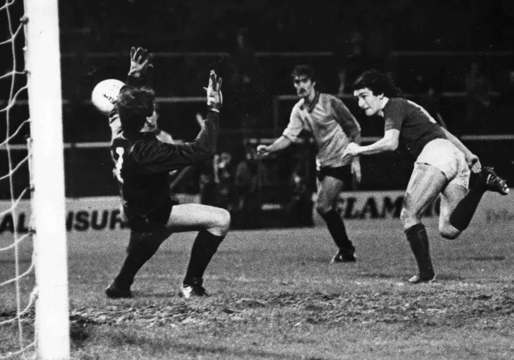 Cardiff City striker Jeff Hemmerman scores with a header against Wokingham goalkeeper Hatcher in the FA Cup. November 1982. Photo: Wales Online