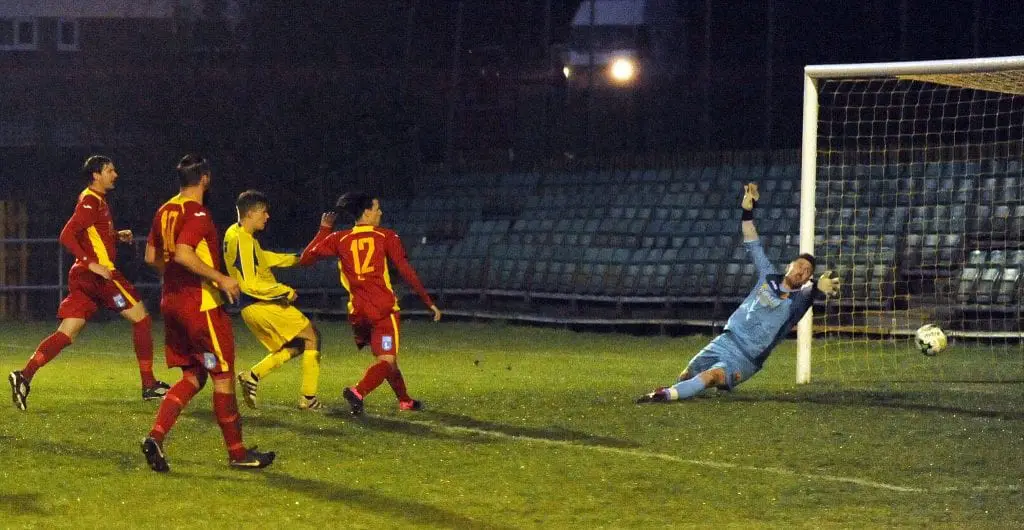 James Goodey scores for Ascot United in the FA Vase second round. Photo: Mark Pugh.