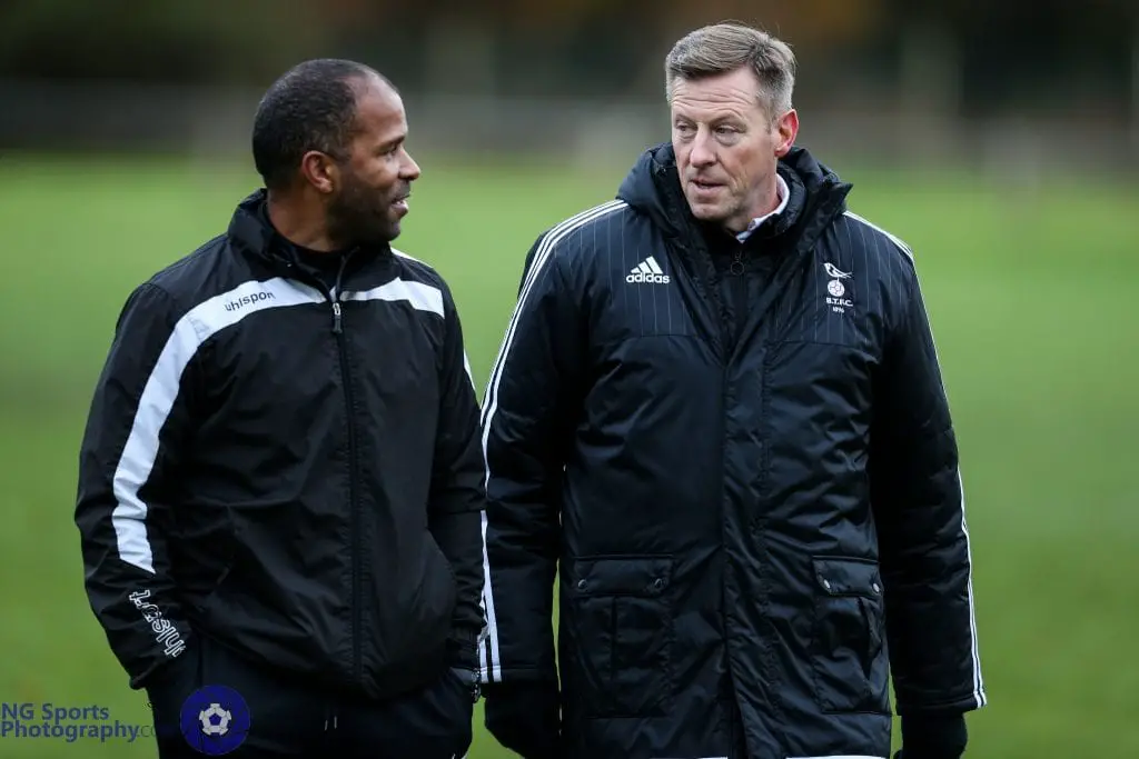 Mark Tallentire (right) pictured with Thatcham Town coach Keith Pennicott-Bowen. Photo: Neil Graham.