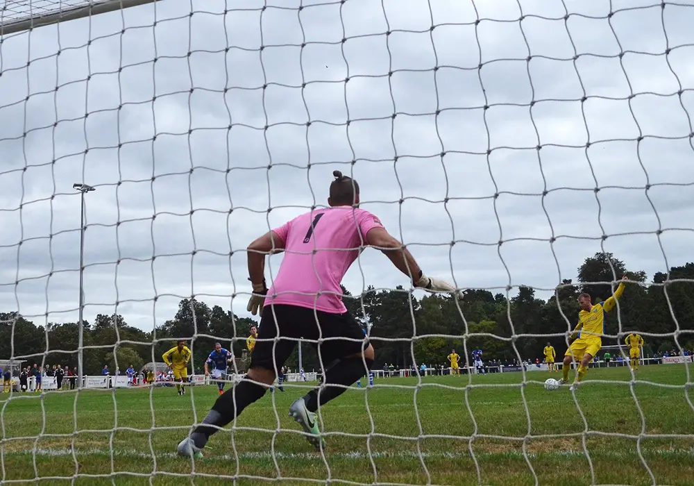 Ascot United's Paul Coyne takes a penalty against Tonbridge Angels in the FA Cup. Photo: Mark Pugh.