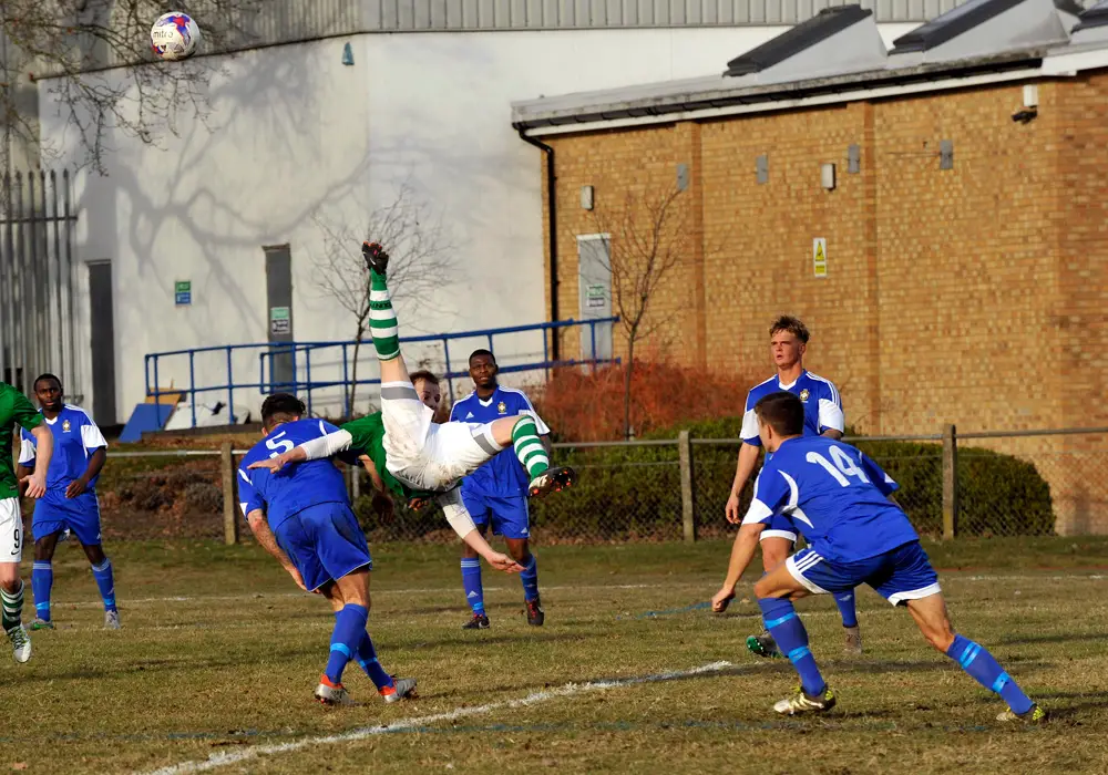 Tony Langton overhead kick for Berks County FC. Photo: Mark Pugh.