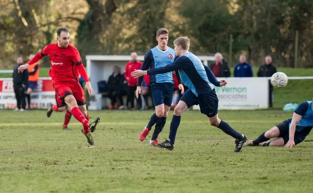 Liam Ferdinand scores for Binfield FC. Photo: Colin Byers.