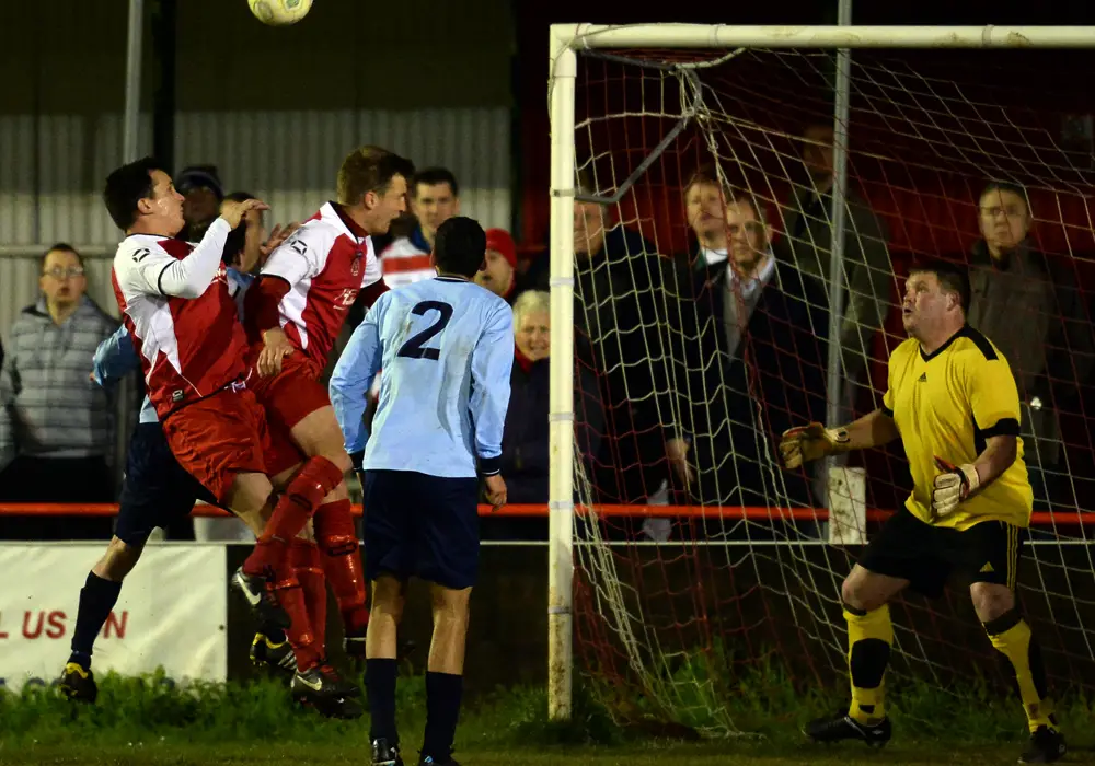 Danny Oliphant and Dan Sleet pile in at the far post as Bracknell Town draw 0-0 with Headington Amateurs in Division 1 East. Photo: getreading.co.uk
