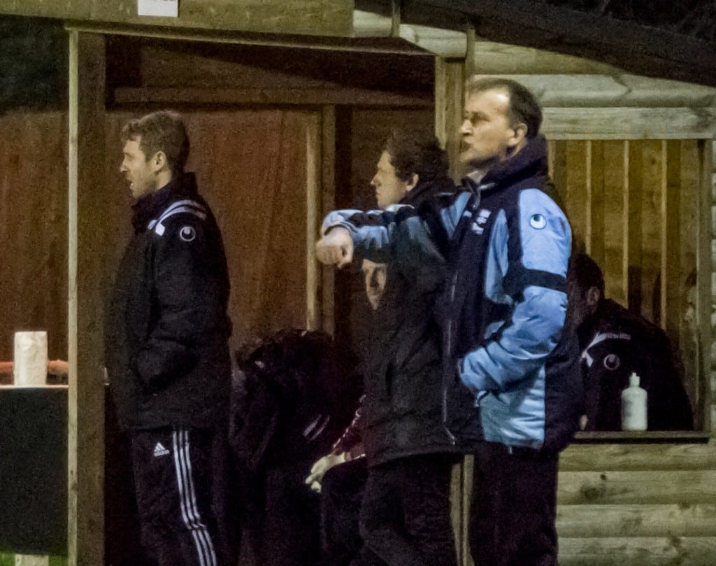 Binfield Football Club manager Roger Herridge (blue). Photo: Neil Graham.