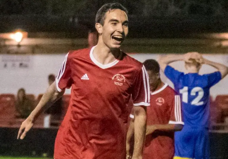 Ben Poynter celebrates scoring. Photo: Neil Graham.