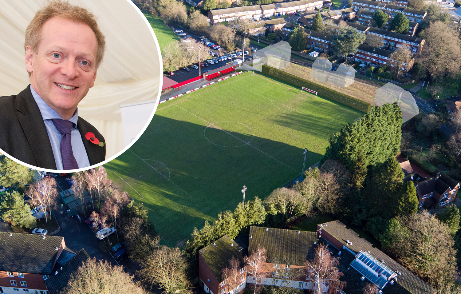 What Bracknell Town's redeveloped Larges Lane will look like, and inset Bracknell MP Dr. Phillip Lee.