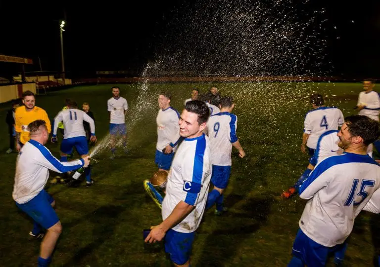 Celebrations begin for Sunningdale & Wentworth in the Bracknell Sunday League senior cup final. Photo: Neil Graham.