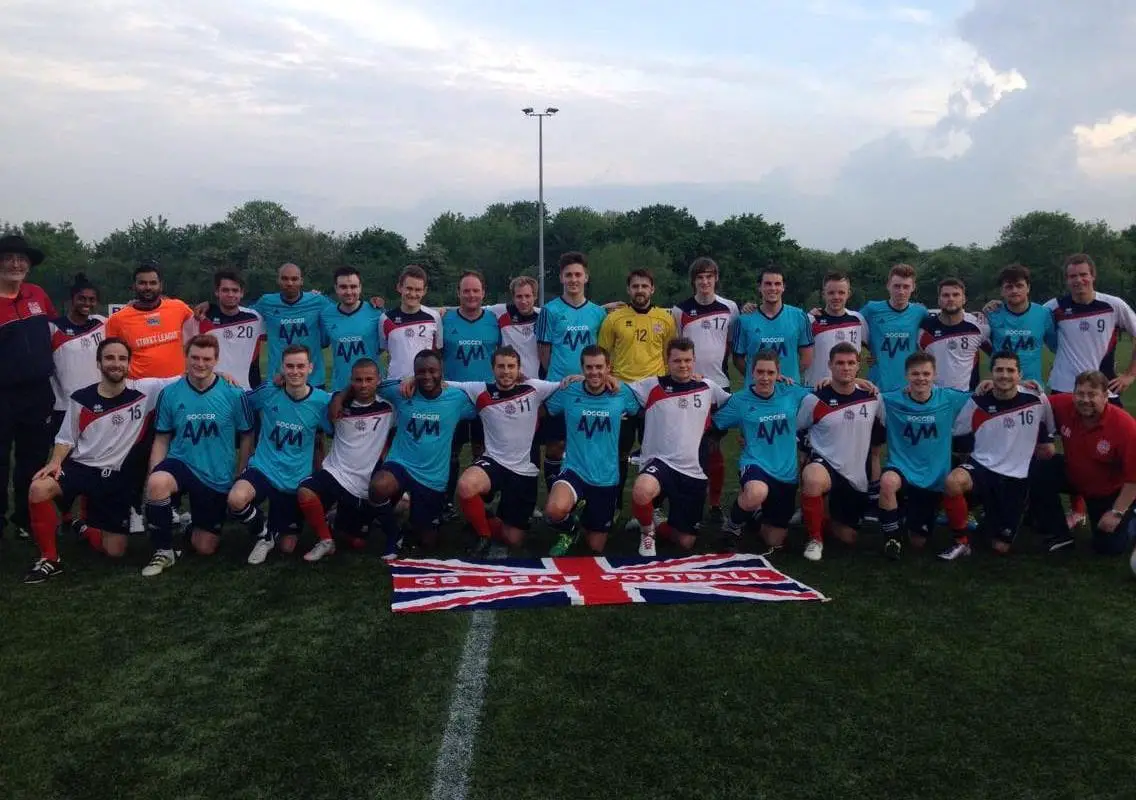 The GB Deaf Team line up with the Soccer AM team including Bracknell Town's George Lock.