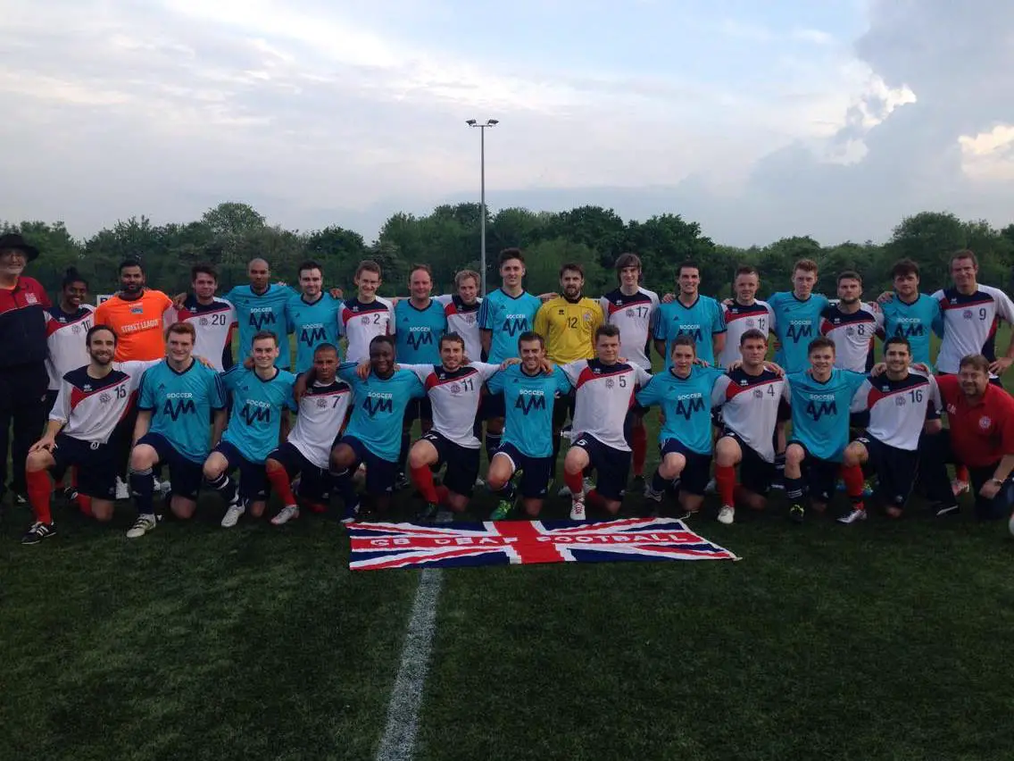 The GB Deaf Team line up with the Soccer AM team including Bracknell Town's George Lock.