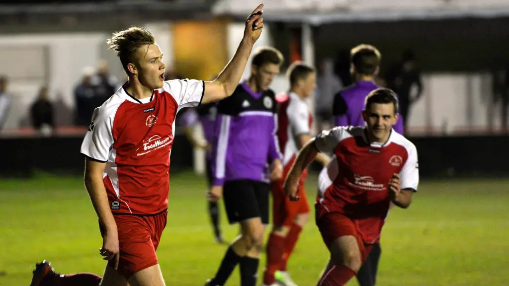 Sam Barratt celebrates scoring from the penalty spot against Henley Town. Photo: Connor Sharod-Southam.