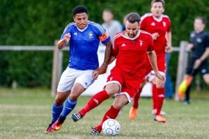 Bracknell Town FC's Adam Cornell against Highmoor-IBIS. Photo: Neil Graham.