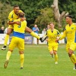 Charlie Samuels celebrates as he puts the home side on level terms keeping in the FA cup 1st round qualifier. Photo: Mark Pugh.
