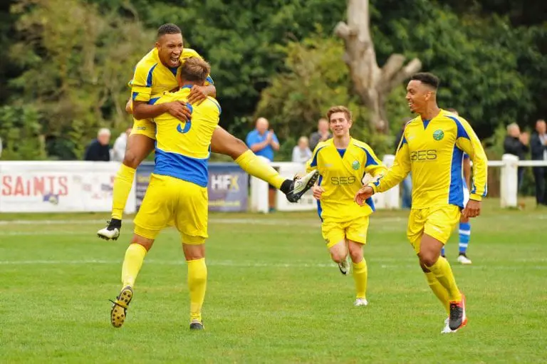 Charlie Samuels celebrates as he puts the home side on level terms keeping in the FA cup 1st round qualifier. Photo: Mark Pugh.