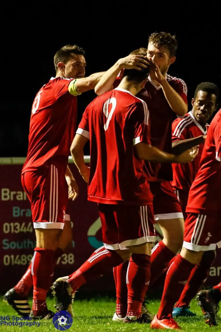 George Short celebrates scoring for Bracknell Town at Binfield FC in the FA Vase. Photo: Neil Graham.