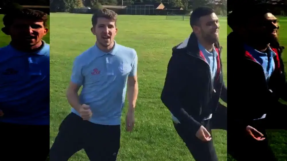 Jake Nicholls and Josh Drew perform the latest Woodley United FC forfeit.