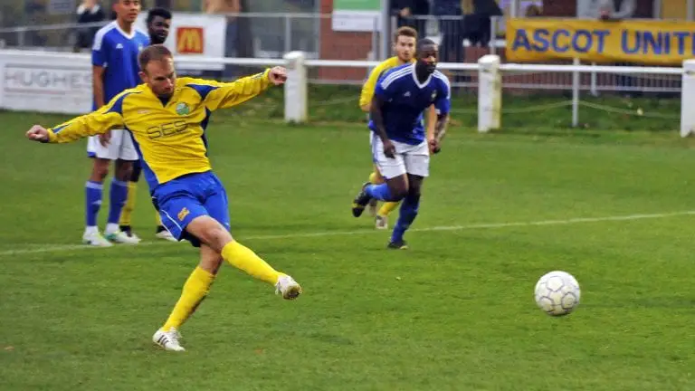 Paul Coyne scores for Ascot United from the penalty spot against Highmoor-IBIS. Photo: Mark Pugh.