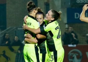 Reading FC Women celebrate scoring against Chelsea Ladies. Photo: Neil Graham.