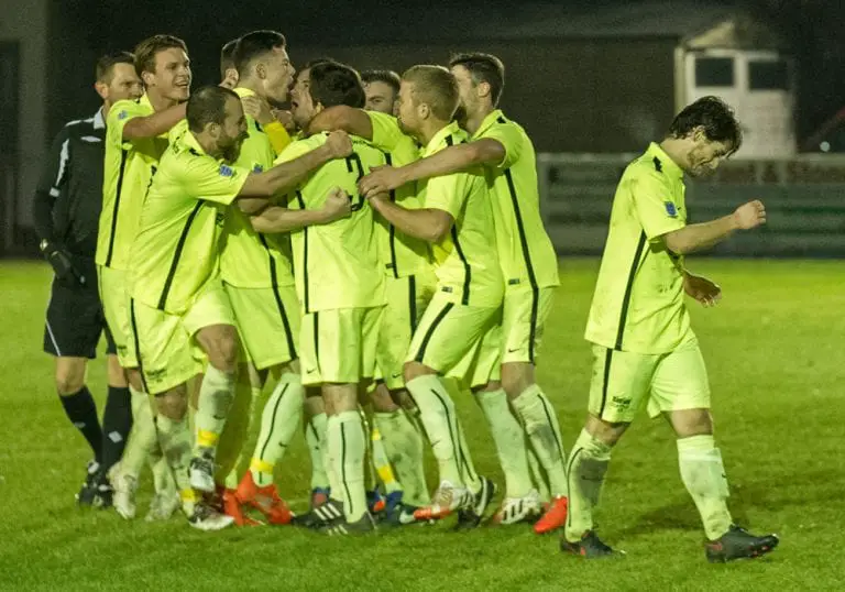 Binfield FC celebrate their win against Flackwell Heath. Photo: Colin Byers.