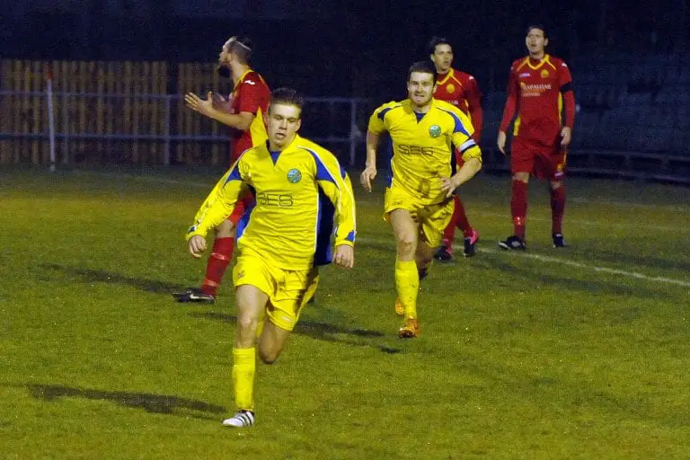 James Goodey celebrates after putting Ascot United on level terms at Newhaven in the FA Vase. Photo: Mark Pugh.