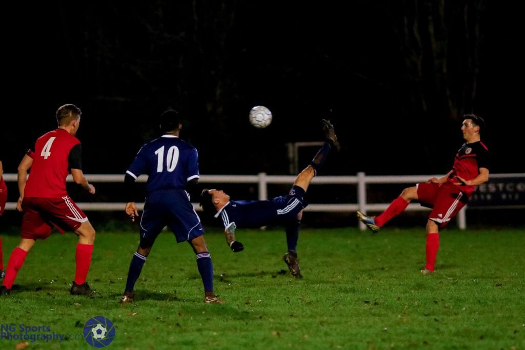 Joe Grant scores and overhead kick for Bracknell Town FC. Photo: Neil Graham.