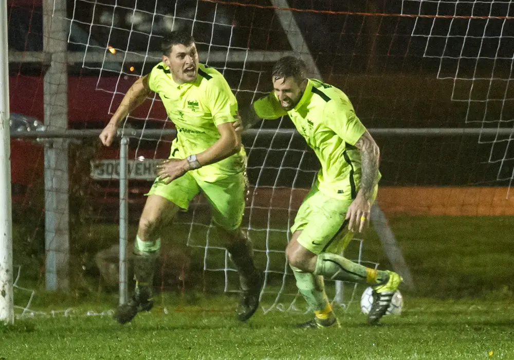 Lewis Leonetti celebrates scoring for Binfield at Longlevens. Photo: Colin Byers.