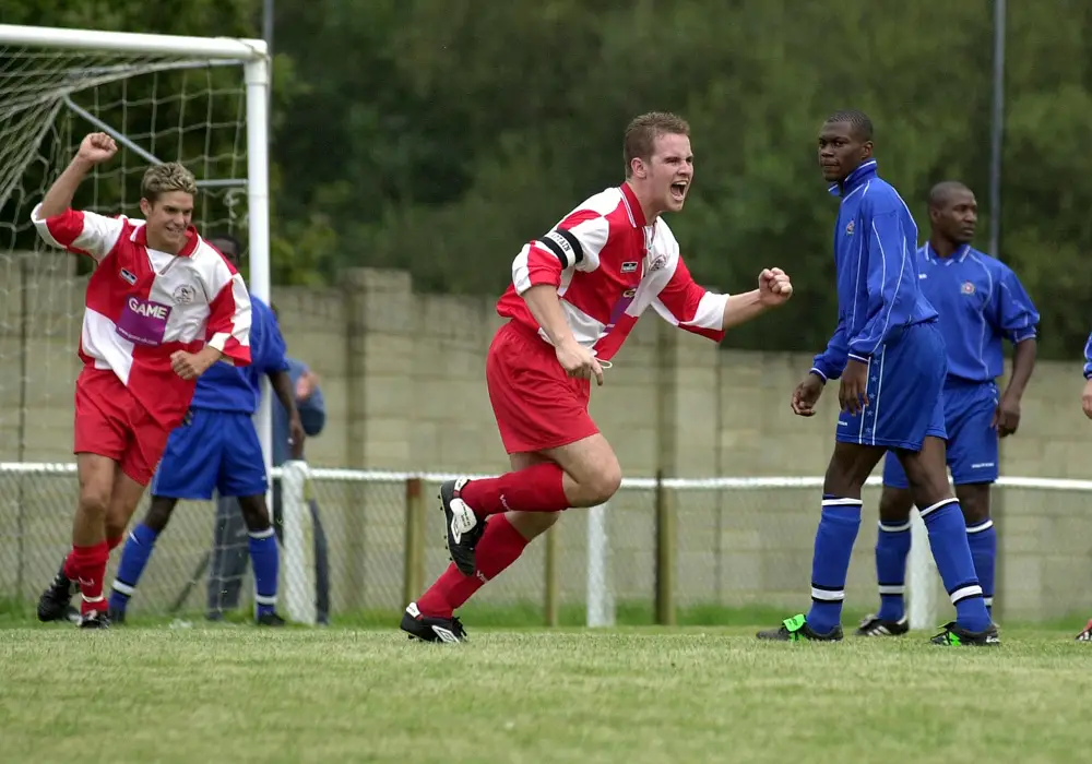 Neil Baker scores for Bracknell Town against Carshalton Athletic at Larges Lane.