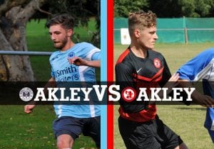 Charlie Oakley and Harry Oakley face off for Woodley United and Sandhurst Town on Saturday.