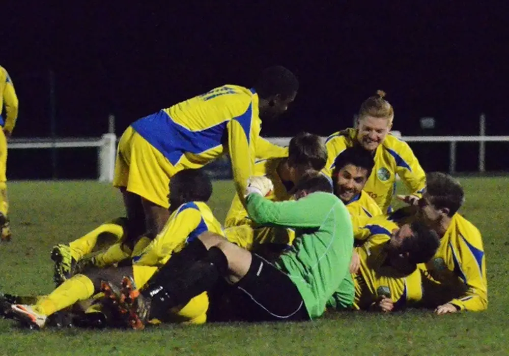 Ascot United celebrate an FA Vase third round win at Colliers Wood United. Photo: Mark Pugh.