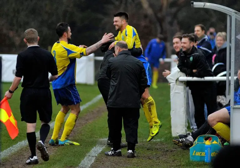 Jack Smillie celebrates scoring for Ascot United. Photo: Mark Pugh.