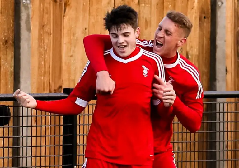 Seb Bowerman and TJ Bohane celebrate Bracknell Town's win over Tuffley Rovers. Photo: Neil Graham.