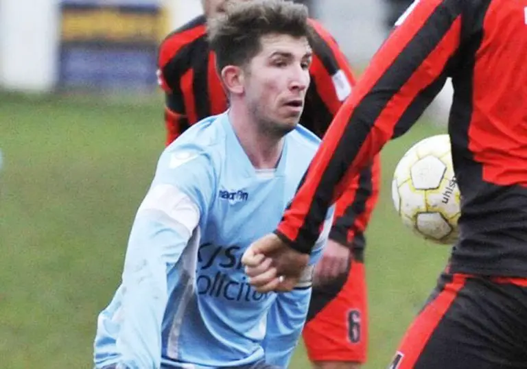 Jake Nicholls of Woodley United FC. Photo: Mark Pugh.