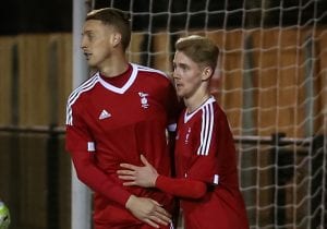 TJ Bohane and Dan Roberts of Bracknell Town FC. Photo: Neil Graham.