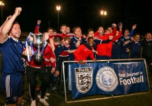 Bracknell Town celebrate with the Berks & Bucks County FA Senior Trophy. Photo: Neil Graham.