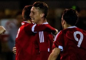 TJ Bohane celebrates a goal for Bracknell Town. Photo: Neil Graham.