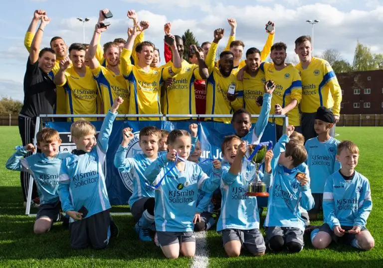 Woodley United celebrate their County Cup Final win. Photo: Richard Claypole.