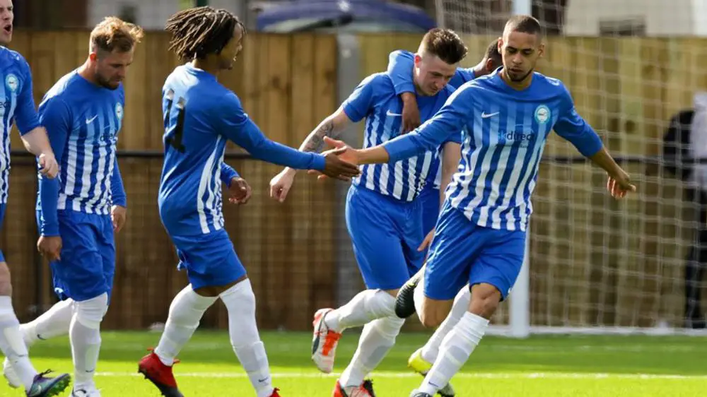 Marlow United celebrate scoring in the County Cup Final. Photo: Neil Graham.