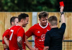 Rob Gerrard is sent off for Bracknell Town. Photo: Neil Graham.
