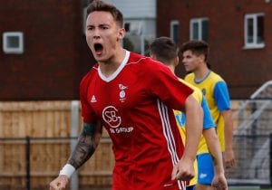Joe Grant celebrates for Bracknell Town. Photo: Richard Claypole.