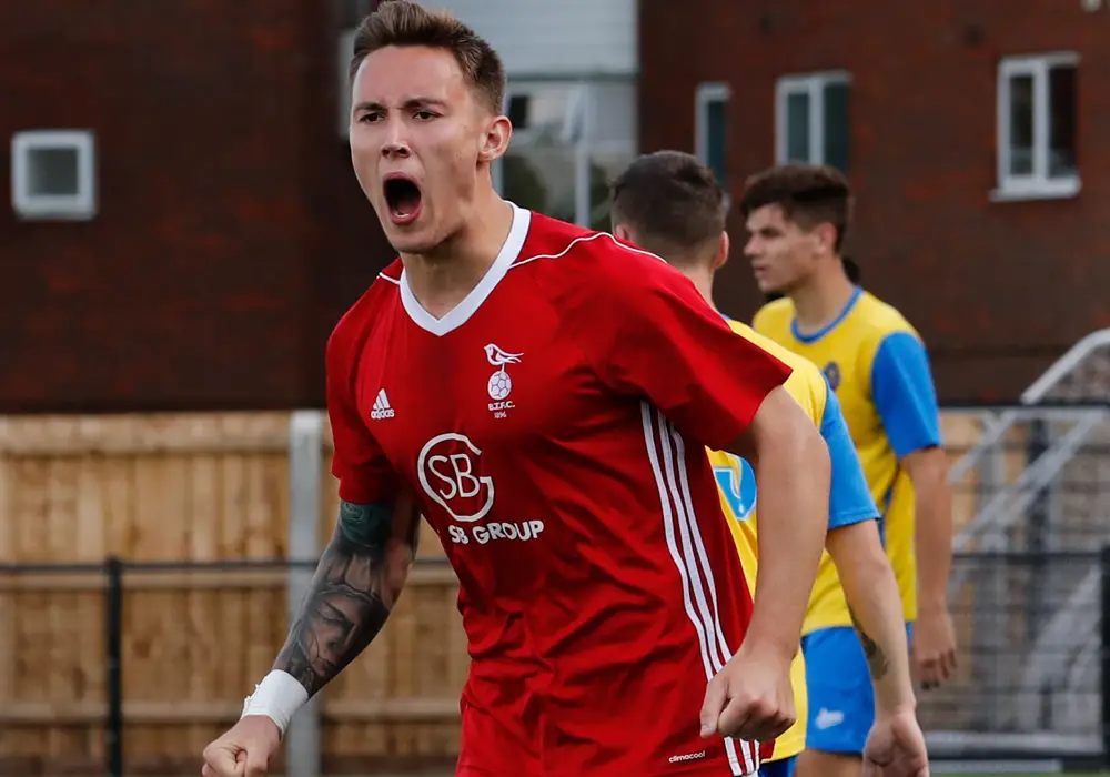 Joe Grant celebrates for Bracknell Town. Photo: Richard Claypole.