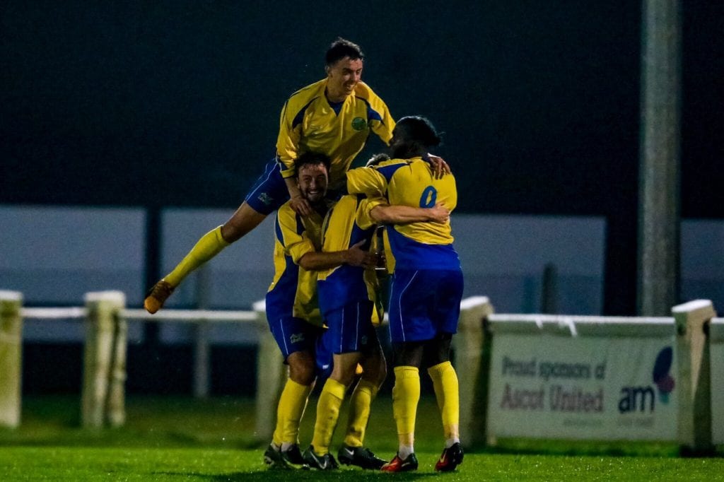 Ascot United celebrate scoring against Bracknell Town. Photo: Neil Graham.