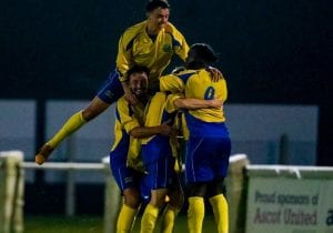 Ascot United celebrate scoring against Bracknell Town. Photo: Neil Graham.